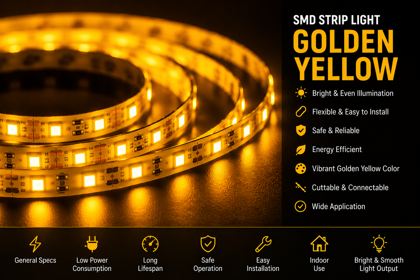 SMD 120 LED Strip Light - Golden Yellow (5 Mtr)