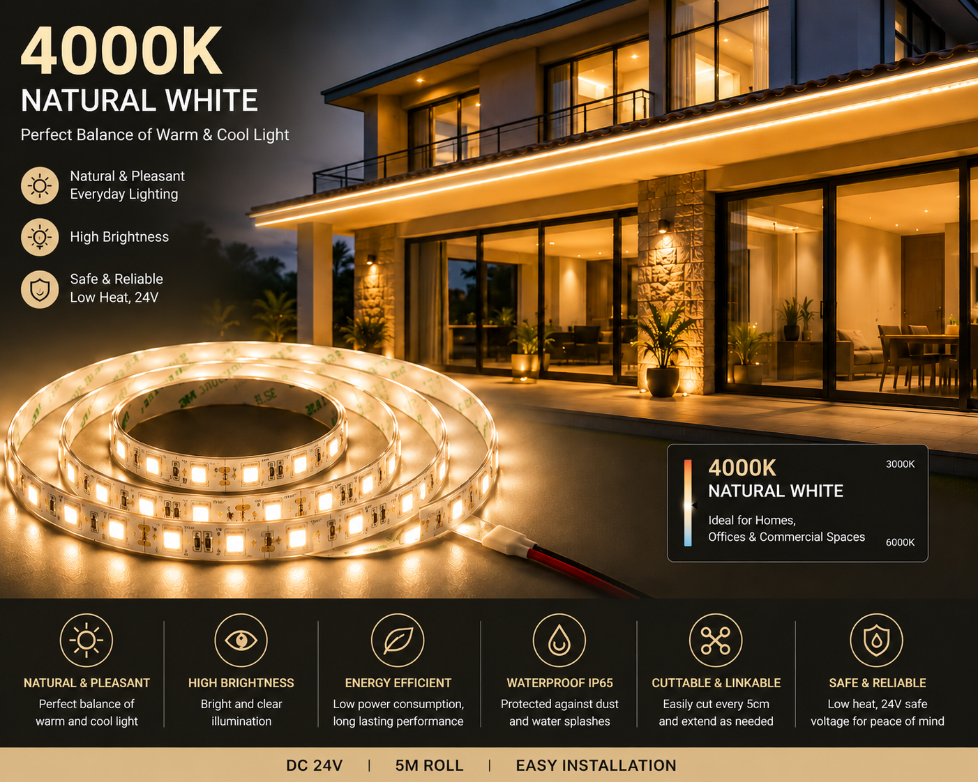 SMD 120 LED Strip Light - 4000K Natural White (5 Mtr)